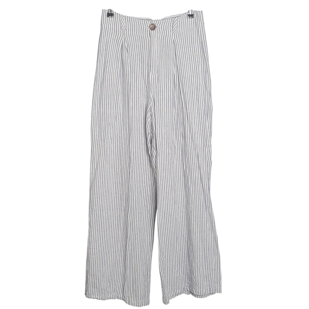Versona Striped Wide Leg Pants Womens 4 Blue White Linen Blend Pleated Preppy